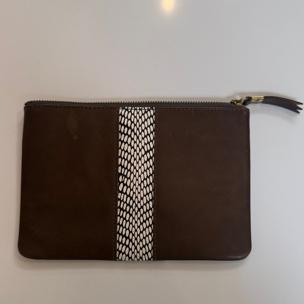 Madewell Brown Leather Clutch with Snake Print Accent